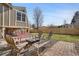 Comfortable backyard featuring a fire pit, lush green lawn, and ample seating space at 9590 W Eureka Pl, Lakewood, CO 80227