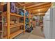 Unfinished basement storage features wooden shelves and a fridge at 7340 Brixham Cir, Castle Pines, CO 80108