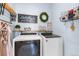 Laundry room with washer, dryer, and stylish shelving at 930 E 7Th Ave, Denver, CO 80218