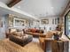 Cozy living room with a decorative leather sofa, a wet bar, hardwood accents, and a game machine at 1587 Arrowpoint Ct, Franktown, CO 80116