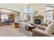 Bright living room featuring a fireplace, neutral decor, tall ceilings, and natural light at 9895 Wyecliff Dr, Highlands Ranch, CO 80126