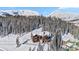 Aerial view of a charming log home surrounded by snow-covered pine trees in a mountain setting at 351 Kimmes Ln, Breckenridge, CO 80424