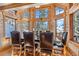 Charming dining room with mountain views, wood paneling, and comfortable leather studded chairs around a large table at 351 Kimmes Ln, Breckenridge, CO 80424