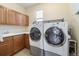 Bright laundry room with front load washer and dryer, sink, cabinets, and tile flooring at 420 Graham Cir, Erie, CO 80516
