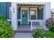 Inviting front porch with blue door, white trim, and attractive landscaping at 658 Casper Dr, Lafayette, CO 80026