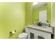 Cozy powder room with a modern vanity, granite countertop, and decorative fixtures at 1241 S Akron Way, Denver, CO 80247