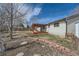 A spacious backyard with a pergola-covered deck, complemented by a brick-lined flower bed and mature trees at 9256 W Euclid Ave, Littleton, CO 80123