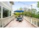 Outdoor deck with string lights and blue umbrella, offering a delightful spot for al fresco dining and relaxation at 6032 Umber St, Arvada, CO 80403