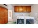 Laundry room features modern washer and dryer beneath wooden storage cabinets with an adjacent doorway at 6631 Welch Ct, Arvada, CO 80004