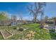 Backyard with mature tree, garden beds, shed, and patio at 1060 S Coffman St, Longmont, CO 80501