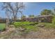 Backyard with mature tree, garden beds, shed, patio, and brick home at 1060 S Coffman St, Longmont, CO 80501