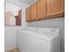 Efficient laundry room with white appliances and natural-stained overhead cabinets at 5521 Longwood Cir, Highlands Ranch, CO 80130