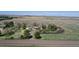 High view of a private home with gravel driveway, large trees, and a vast rural expanse at 7409 S County Road 157, Strasburg, CO 80136