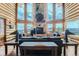 Elegant living room featuring a stone fireplace, soaring windows with mountain views, and comfortable leather seating at 401 Raptor Point Rd, Golden, CO 80403