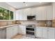 Bright kitchen with white cabinets, stainless steel appliances, and granite countertops with a view of the backyard at 2201 Cherry St, Denver, CO 80207