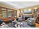 Cozy living room with a fireplace, built-in bookshelves, and large windows providing natural light at 2201 Cherry St, Denver, CO 80207