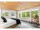 Inviting bedroom with a wood plank ceiling and large windows offering a scenic forest view at 592 Brook Dr, Idaho Springs, CO 80452