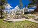 Outdoor lounge area with a fire pit, stone patio, and seating surrounded by mature trees at 34089 Woodland Dr, Evergreen, CO 80439