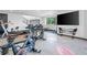 Well-equipped home gym features a Peloton bike, weight rack, and large screen for workouts at 34089 Woodland Dr, Evergreen, CO 80439