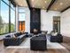 Spacious living room with floor-to-ceiling windows, fireplace, and comfortable seating at 34089 Woodland Dr, Evergreen, CO 80439