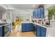 Kitchen featuring blue cabinets, wood countertops, stainless steel appliances, and dining area with bright yellow chairs at 1409 Quince Ave, Boulder, CO 80304