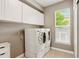 Functional laundry room with a modern washer and dryer and built-in storage cabinets at 18027 E Ida Dr, Centennial, CO 80015