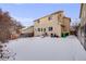 Backyard of home with patio, fence, and snow-covered lawn at 4821 N Silverlace Dr, Castle Rock, CO 80109