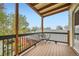 Cozy patio with wooden floors, wood supports and dark metal railings, seating for two at 3127 W 28Th Ave # 2, Denver, CO 80211