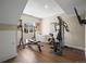 Basement gym equipped with free weights, bench and a multi-functional weight machine at 13979 Night Owl Ln, Parker, CO 80134