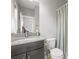 Bathroom with gray vanity, white countertop, faucet, shower, and toilet at 13979 Night Owl Ln, Parker, CO 80134