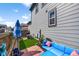 Backyard with patio space, artificial grass, and gray siding, great for outdoor entertaining at 4581 S Kipling Cir, Denver, CO 80123