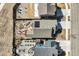 Aerial view showcasing the backyard design, solar panels, and proximity to neighboring houses at 6812 Indian Paintbrush St, Frederick, CO 80530