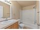 Standard bathroom with a single sink vanity, white tub/shower combo, and neutral decor at 140 Beaver Rd, Idaho Springs, CO 80452