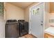 Convenient laundry room featuring modern washer and dryer units, a bright window, and easy access to the exterior at 140 Beaver Rd, Idaho Springs, CO 80452