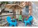 Cozy patio with bright blue seating and stylish geometric rug, shaded by a large umbrella at 152 S Jackson St, Denver, CO 80209