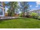 Large backyard with trees and a wood fence, perfect for enjoying the outdoors at 9823 Salford Ln, Highlands Ranch, CO 80126