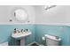 Charming powder room with pedestal sink, wainscoting, and modern fixtures at 2210 Miller St, Lakewood, CO 80215