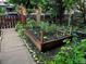 Backyard garden featuring a raised garden bed along a sidewalk with ample space for cultivating your own vegetables at 34 W Maple Ave, Denver, CO 80223