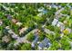 Aerial view of a home nestled in a neighborhood with mature trees and a tennis court nearby at 6901 E 12Th Ave, Denver, CO 80220