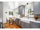 Bright kitchen with farmhouse sink, gray cabinets, and eat-in area at 2775 E Dartmouth Ave, Denver, CO 80210