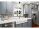 Modern kitchen with double sink, gray cabinets, and stainless steel appliances at 2775 E Dartmouth Ave, Denver, CO 80210