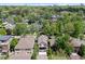 This aerial showcases the property among lush trees and gardens in a quiet neighborhood setting at 449 S Humboldt St, Denver, CO 80209