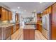 Spacious kitchen with stainless steel appliances, an island, and hardwood floors throughout at 840 S Corona St, Denver, CO 80209
