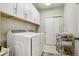 Efficient laundry room featuring modern washer, dryer, storage cabinets, and sliding doors at 2601 S Kipling Ct, Lakewood, CO 80227