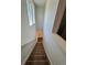 A view down the carpeted staircase shows bright white walls and natural light from a nearby window at 5060 N Walden Way, Denver, CO 80249