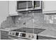 Kitchen detail featuring stainless steel range, microwave, backsplash, and granite counters at 320 S Ames St # 5, Lakewood, CO 80226