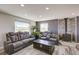 Well-lit living room with plush seating, wood floors, and wood-burning stove at 45321 Summit Rd, Parker, CO 80138