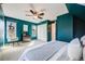 Bright bedroom featuring teal walls, white carpet, and abundant natural light at 1464 S Grant St, Denver, CO 80210