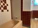 Retro bathroom with brown and beige tile, bathtub, and vanity at 2696 S Jersey St, Denver, CO 80222