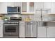 Modern kitchen featuring stainless steel appliances, white cabinets, subway tile backsplash, and a farmhouse sink at 1630 N Clarkson St # 110, Denver, CO 80218